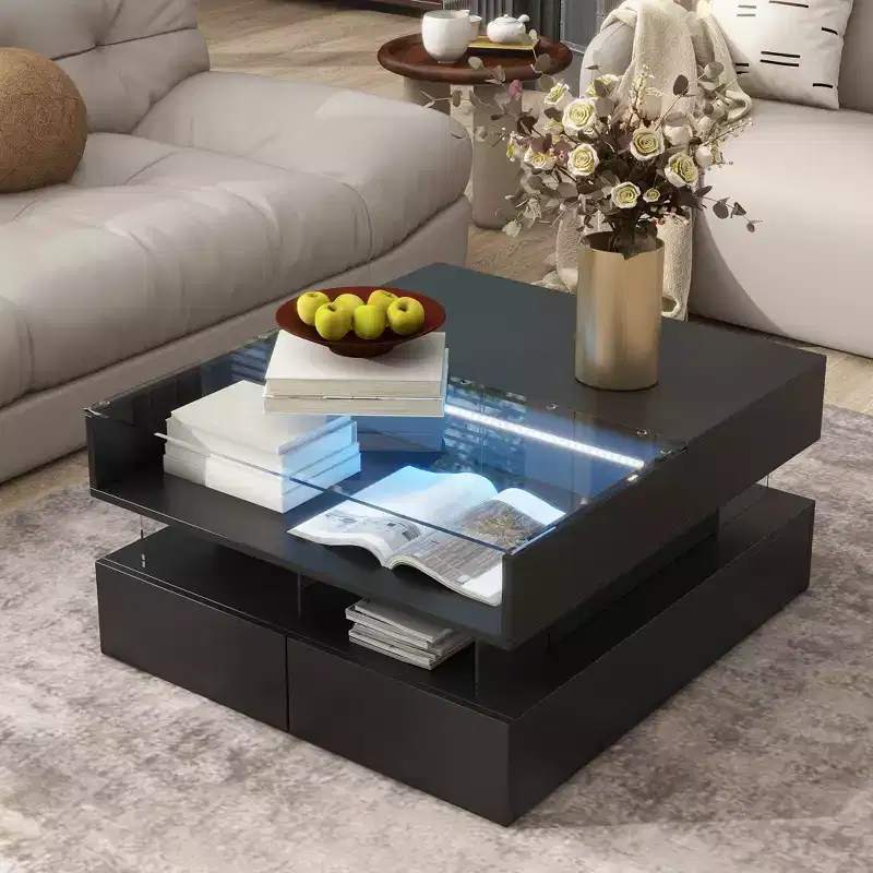 Modern Lift Top Coffee Table with Drawers, Square Center Table with Glass Top, Coffee Table with Hidden Space and LED Lights for Living Room