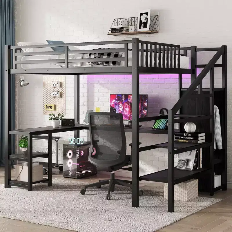 Metal Full Loft Bed with Wardrobe, LED Light, L-Shaped Desk and USB