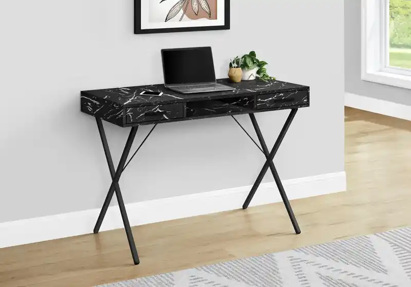 42 Office Desk with 2-Drawers & Cubbyhole - Black Marble-Look