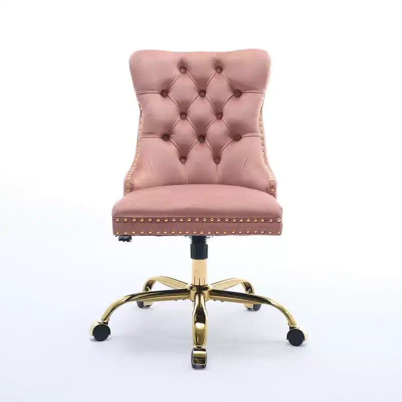 Velvet Upholstered Adjustable Office Chair with Gold Metal Base, Pink