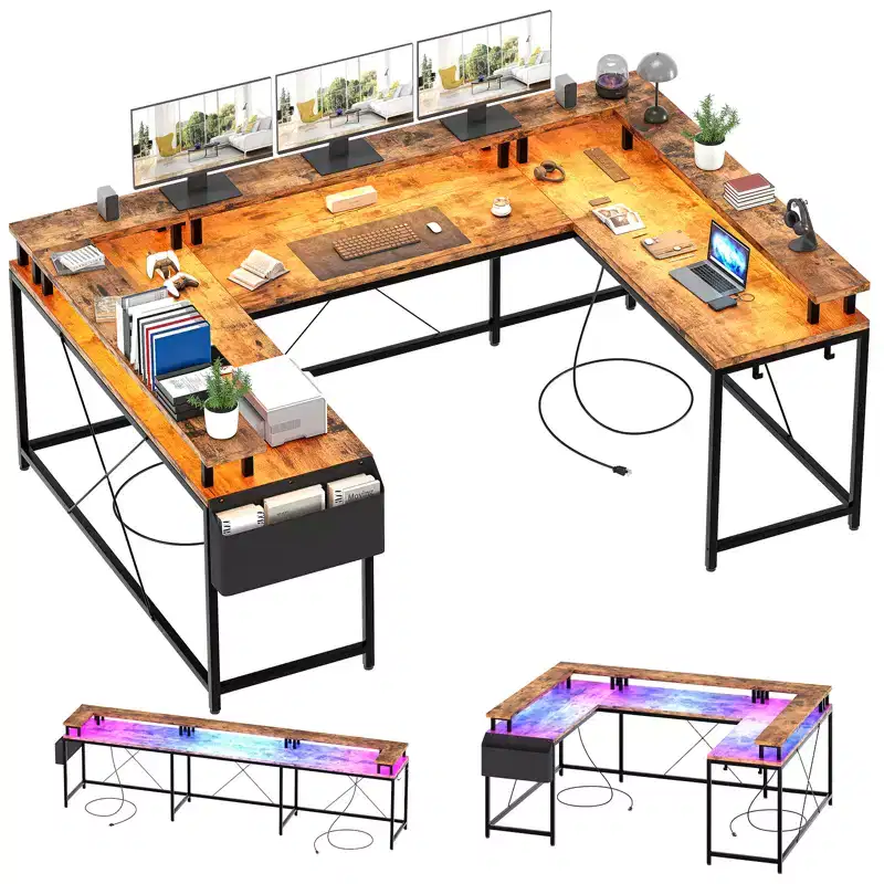 Large U-Shaped Corner Computer Desk with Power, LED Lights, Monitor Stand and Storage for Home Office & Executive Use