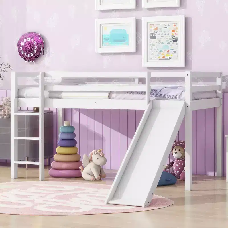Twin Low Loft Bed with Slide, Ladder & Safety Guardrails, Solid Wood, White