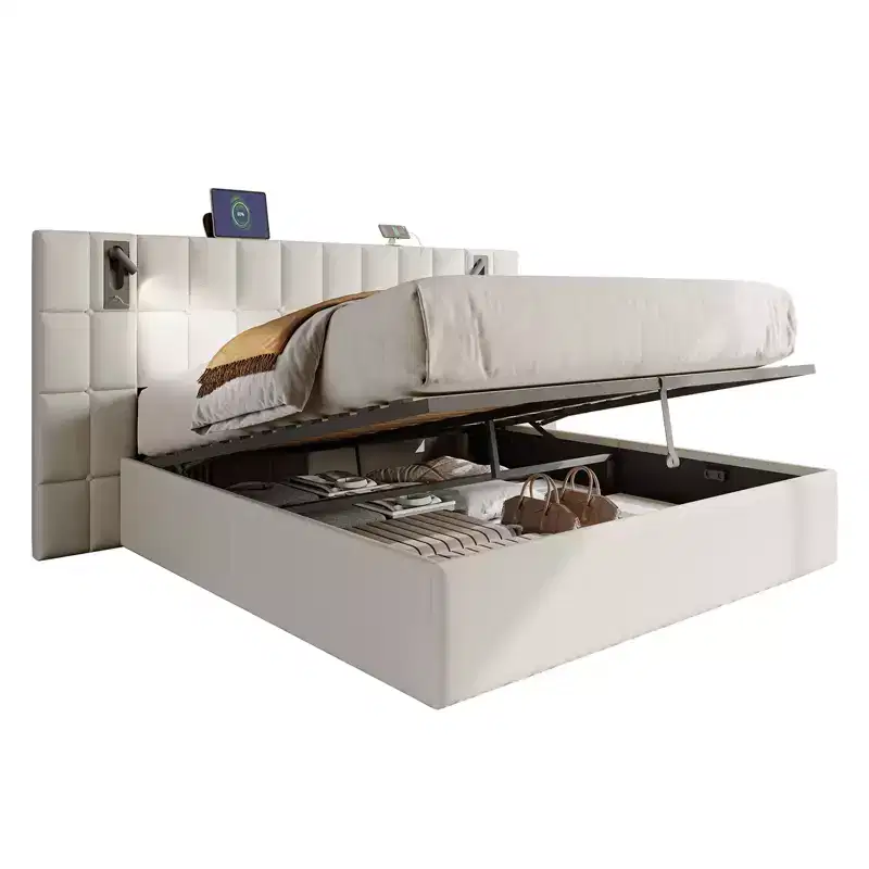 King Upholstered Bed Frame with Wide Headboard, Lift-Up Storage & Built-in Light, Velvet