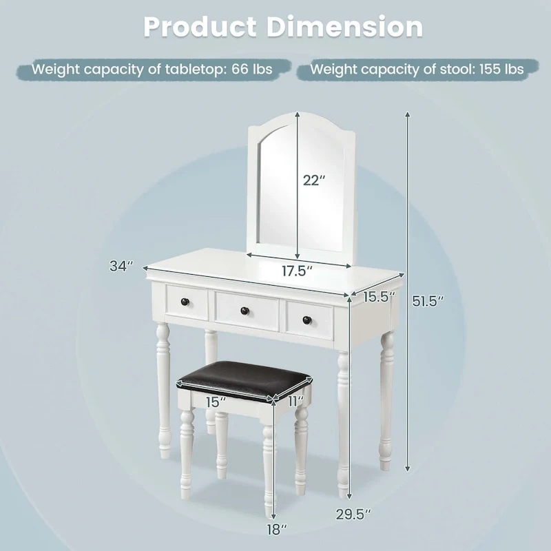 Costway Vanity Table Set Makeup Desk Cushioned Stool 3 Drawer Large - See Details
