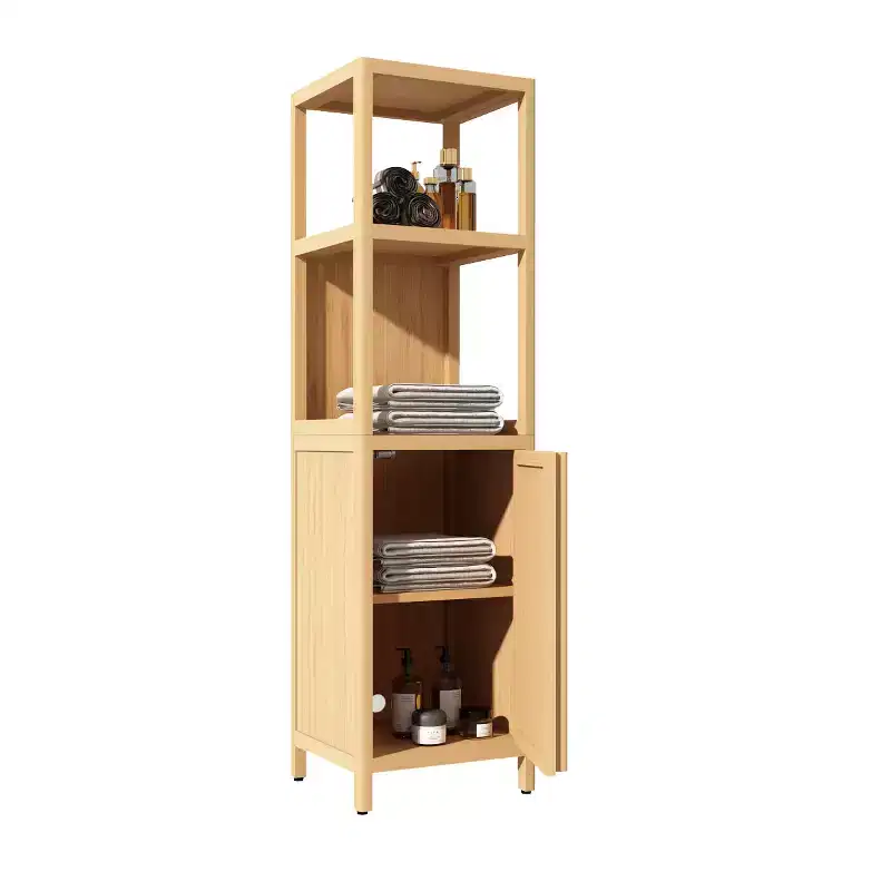 52 Tall Bamboo Storage Cabinet with 2 Open Shelves and 1 Door for Bathroom, Natural