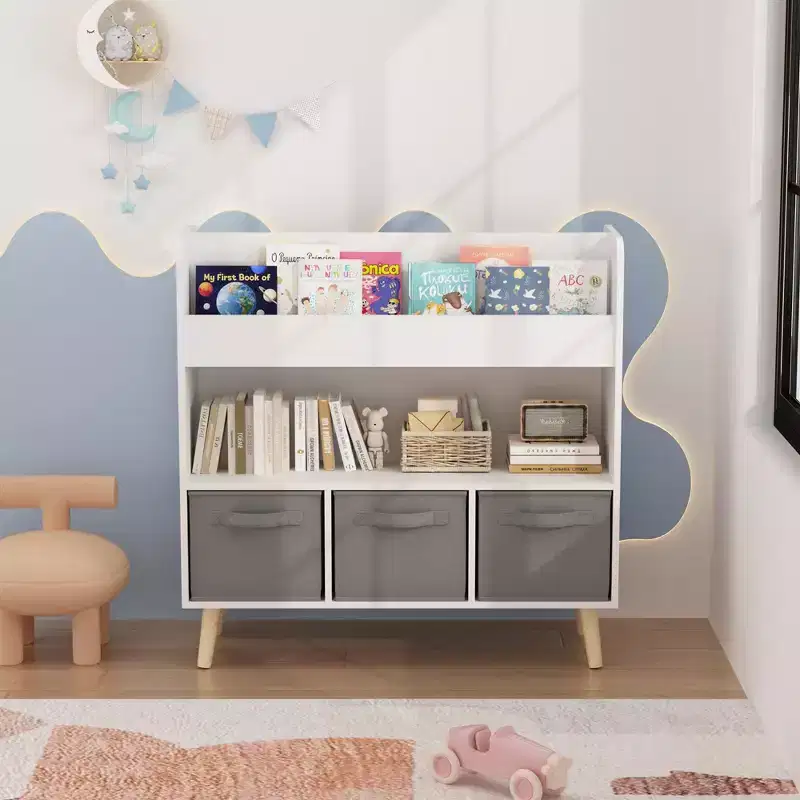 Kids Bookshelf with 3 Fabric Bins, Childrens Bookcase and Toy Storage Organizer for Playroom, Bedroom or Nursery, White & Gray