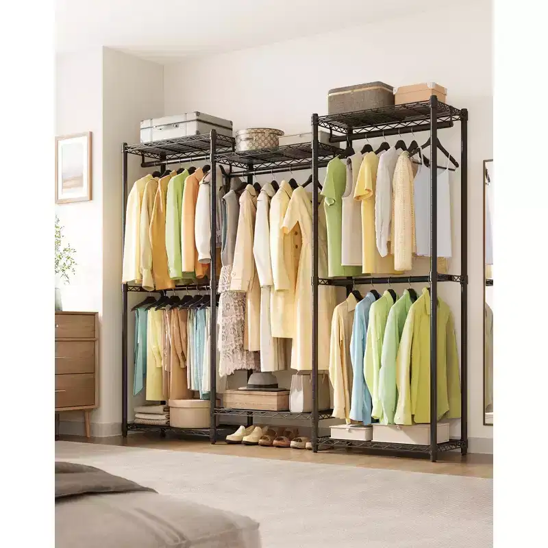 SONGMICS Garment Rack, Heavy-Duty Clothes Rack, Portable Closet Rack, Clothing Rack with Adjustable Mesh Shelves and Hanging Rails, Ink Black