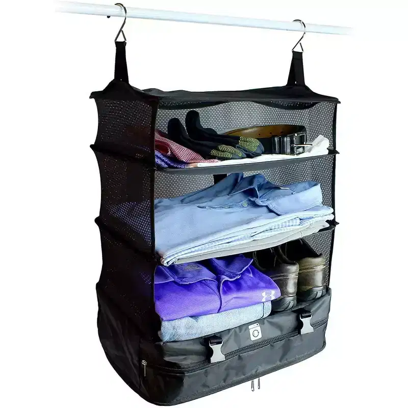 Space Saving Travel Luggage Organizer with Hanging Shelves and Laundry Compartment - Large
