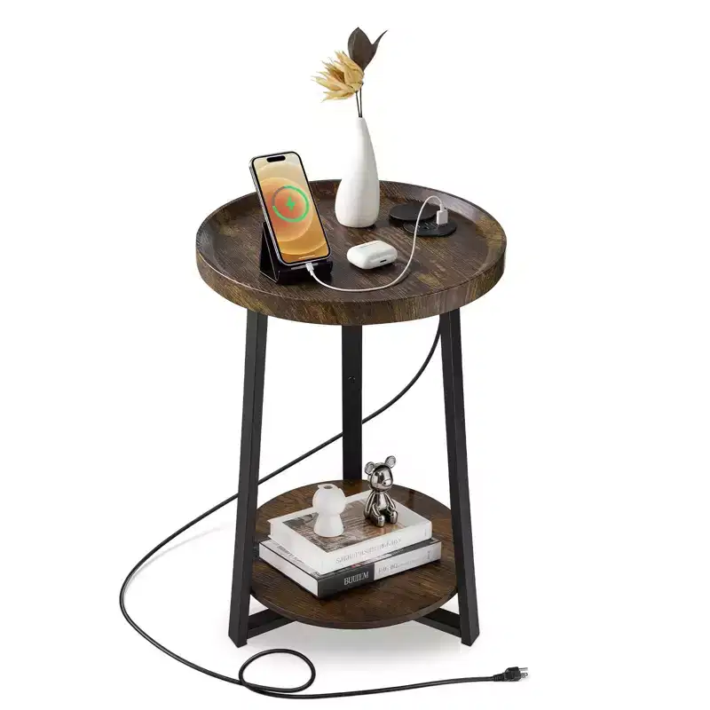 Round 2-Tier End Table with USB & AC Charging Port – Metal Frame, 66 lb Capacity, Industrial Style