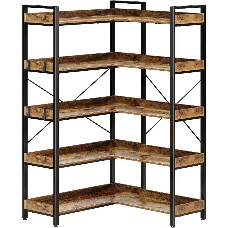 Bookshelf 5 Tier with 4 Hooks, Reversible Corner Bookshelf, 165cm Industrial Wooden Bookcase with Open Shelves and Metal Frame for Living Room