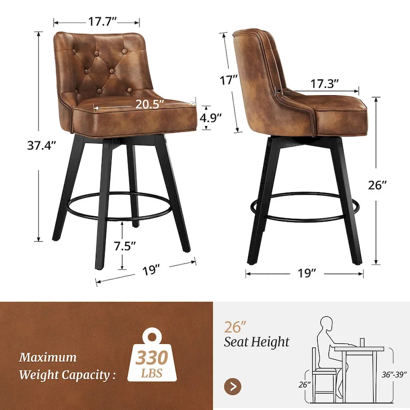26 in. Counter Height Stool Modern Upholstered Swivel Set of 2 Bar Stools with Back