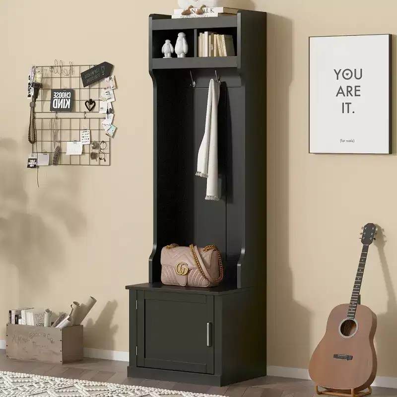 Slim Hall Tree with Cabinet, 6 Hanging Hooks & Storage Bench, Coat Rack