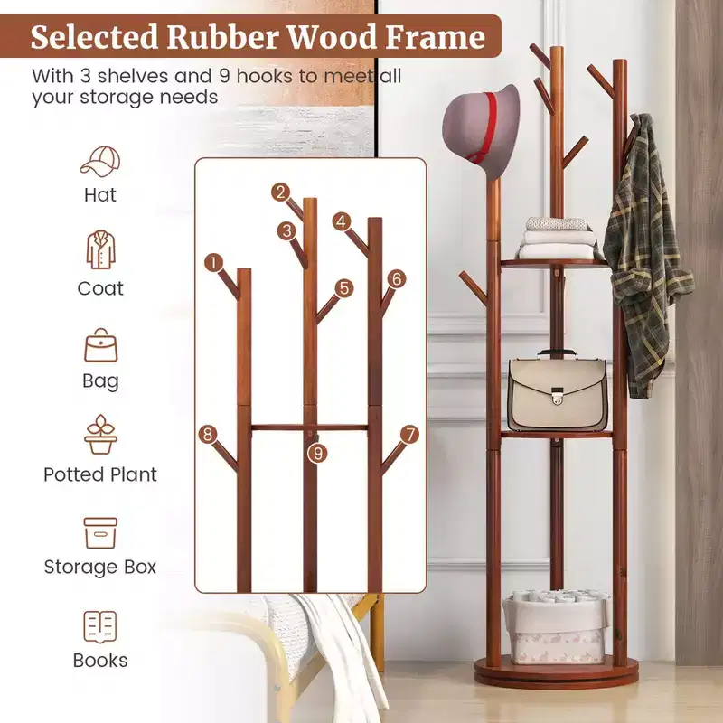 Freestanding 360° Rotary Wooden Coat Rack with 3 Shelves & 9 Hooks