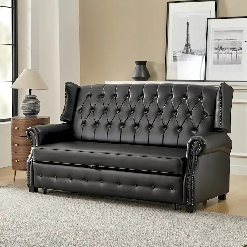 Transitional 73.6 Vegan Leather Sofa Bed with Tufted Back and Nailhead