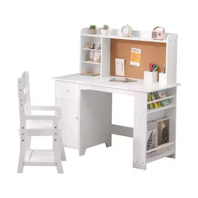 GustoWave Kids Study Desk and Chair Set with Storage Hutch & Cork Board, Wooden Study Table for Children Ages 3-8, White
