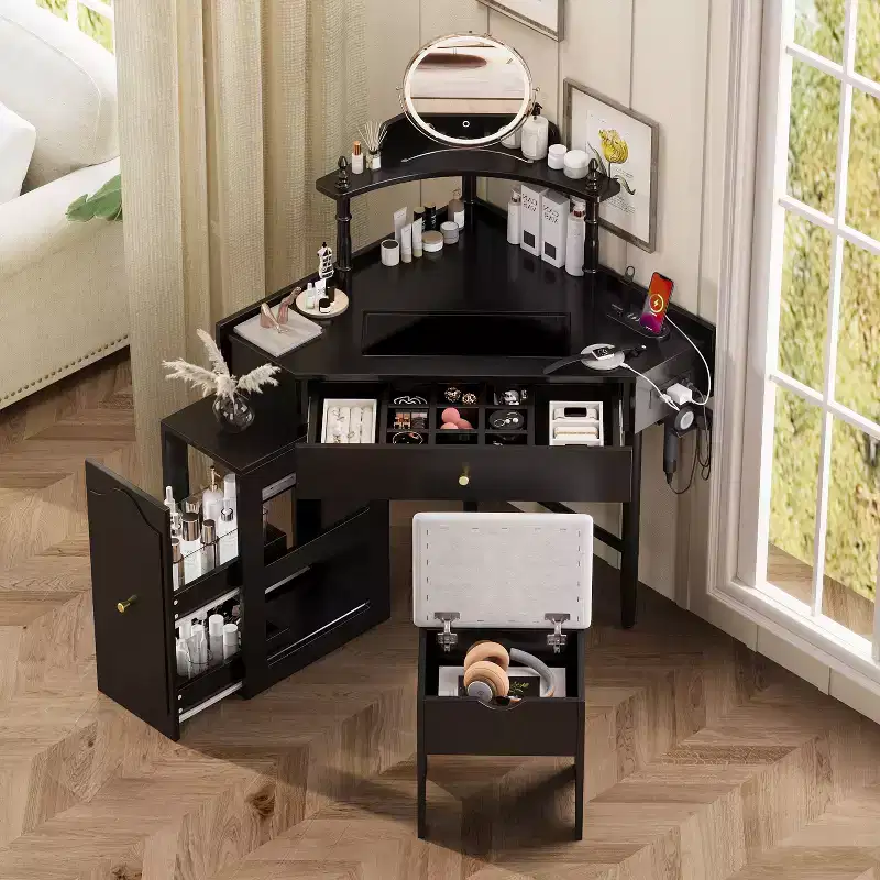 Vintage Vanity Table with Charging Plug & USB Port, Storage Dressing Desk with Cushioned Stool, Wooden Makeup Table for Small Bedrooms