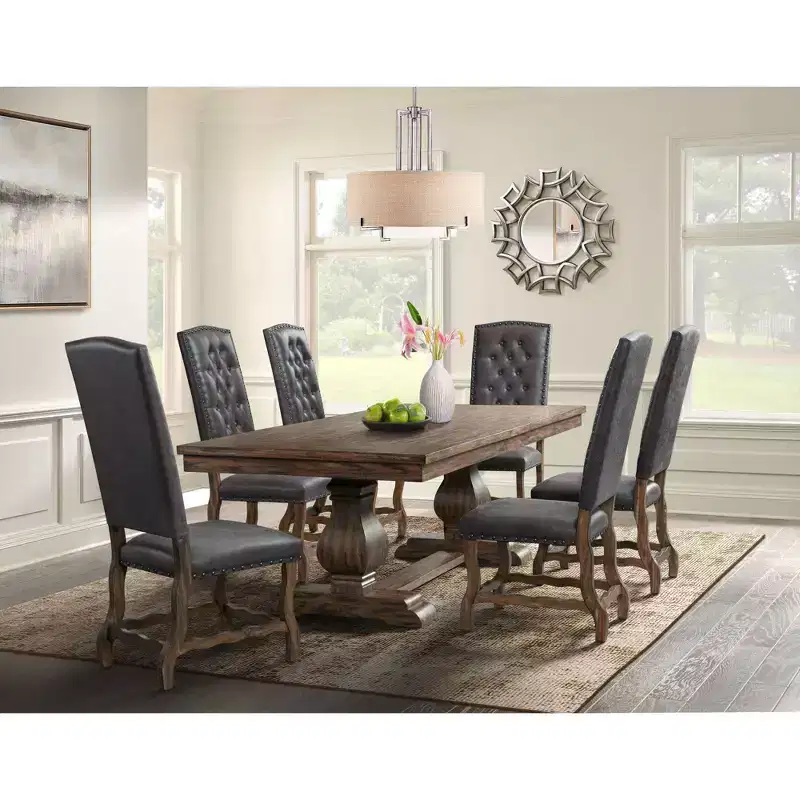 7pc Hayward Extendable Dining Table Set with 6 Tufted Tall Back ChairsWalnut - Picket House Furnishings: Elegant Double Pedestal Base