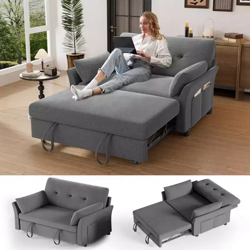 Dyonery Chenille Sleeper Sofa Bed, 3-in-1 Pull Out Loveseat with 5-Position Reclining Backrest, Side Pocket & Tool-Free Assembly