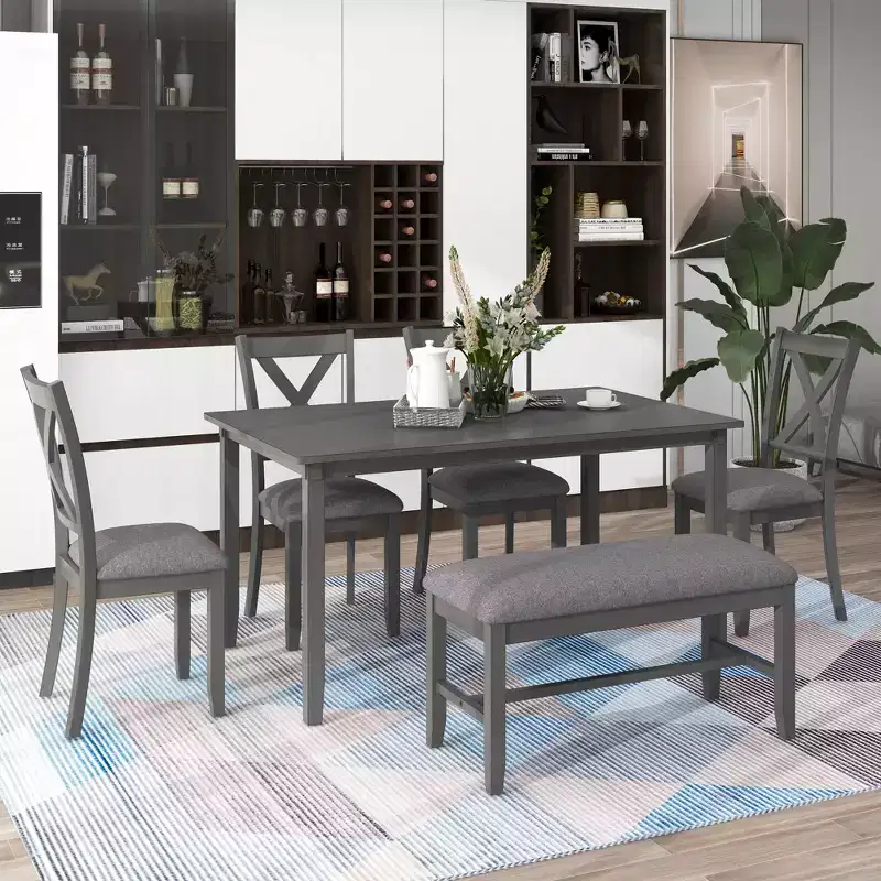 Whisen 6-Piece Wooden Rectangular Kitchen Dining Table Set with 4 Fabric Chairs and Bench