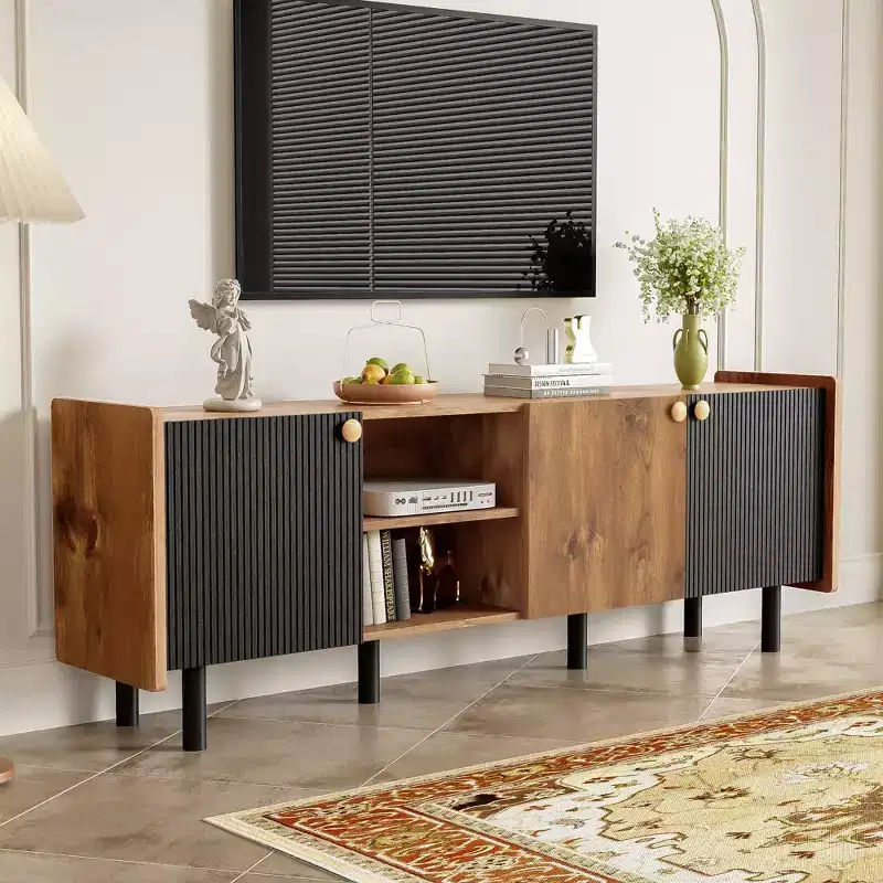 Vintage TV Stand with Cabinets for 70 inch TV, Mid Century TV Storage Cabinet Table with Doors for Living Room
