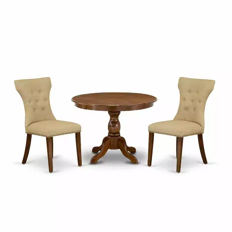 3-Piece Acacia Walnut Finish Solid Wood Top - Button Tufted Dining Room Set - Seats 4