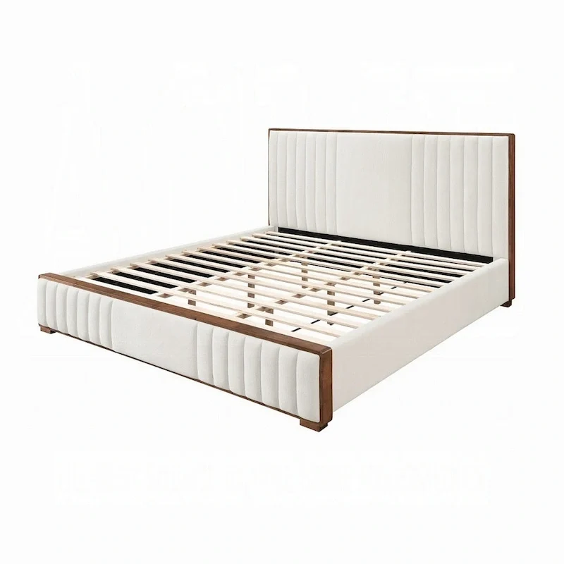 Lesa King Bed, Channel Tufted Beige Chenille Upholstery, Walnut Brown