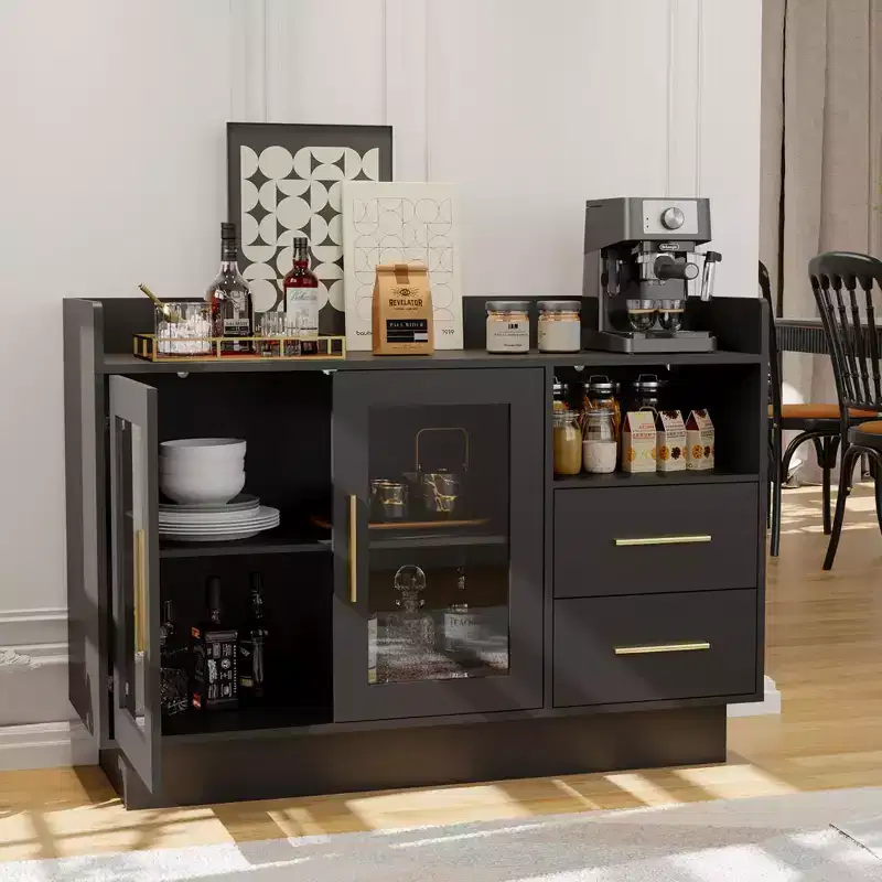 Large Modern Bar Cabinet, Double Glass Doors & Drawers, Anti-Tipping Design, for Kitchen, Living Room, Dining Room