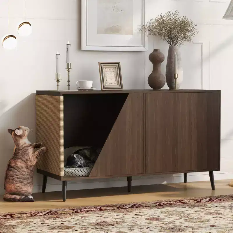 2-in-1 Sideboard and Cat Litter Box Enclosure, Storage Cabinet with Sisal Scratcher, Walnut