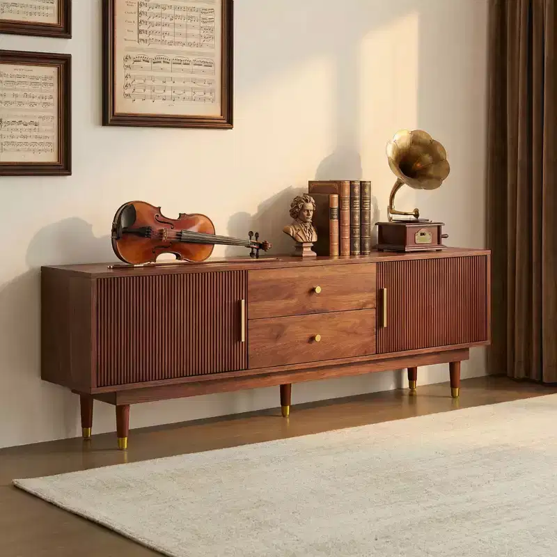 JVNOXK 66.9-inch Mid-Century Modern Entertainment Center, Walnut TV Console with Two Storage Drawers, Suitable for Living Rooms and Bedrooms