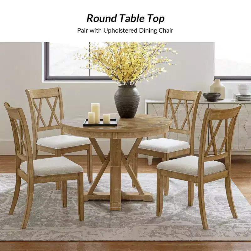 Felipa Rustic Farmhouse Natural Solid Wood Round Cross-buck Base Dining Table for 4|ART OF LIVING DESIGNS-Natural
