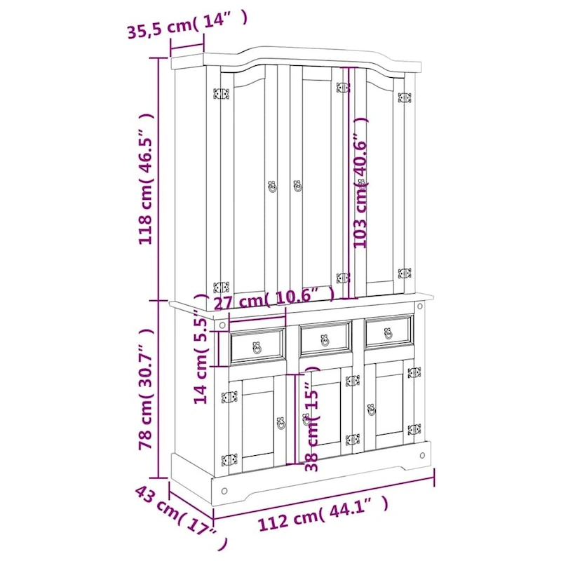 vidaXL Highboard, 44.1x17x77.2 Inches, White and Natural Finish Top - 44.1 x 16.9 x 77.2