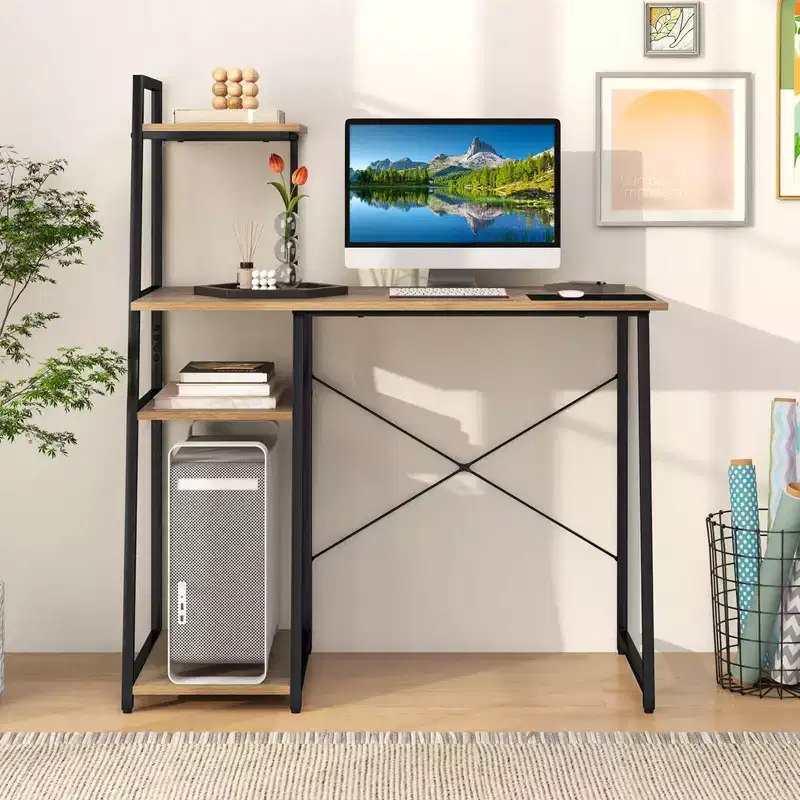 Home Office Desk with Bookshelf Host Stand Metal Frame Study Writing Desk