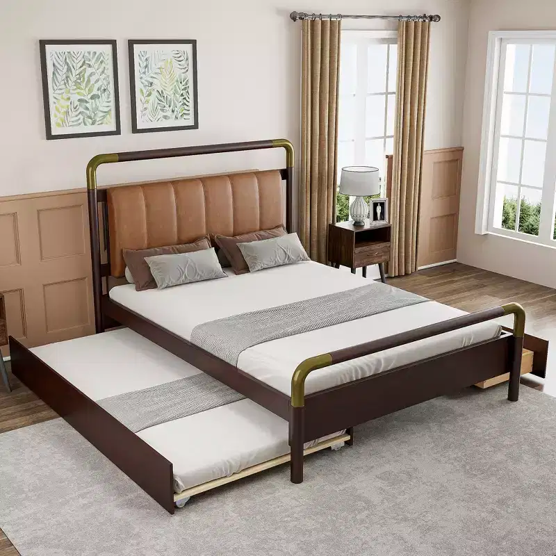 Queen Size Storage Platform Bed with 2 Big Drawers, T-XL Size Trundle and PU Upholstered Backrest, White/Walnut-ModernLuxe