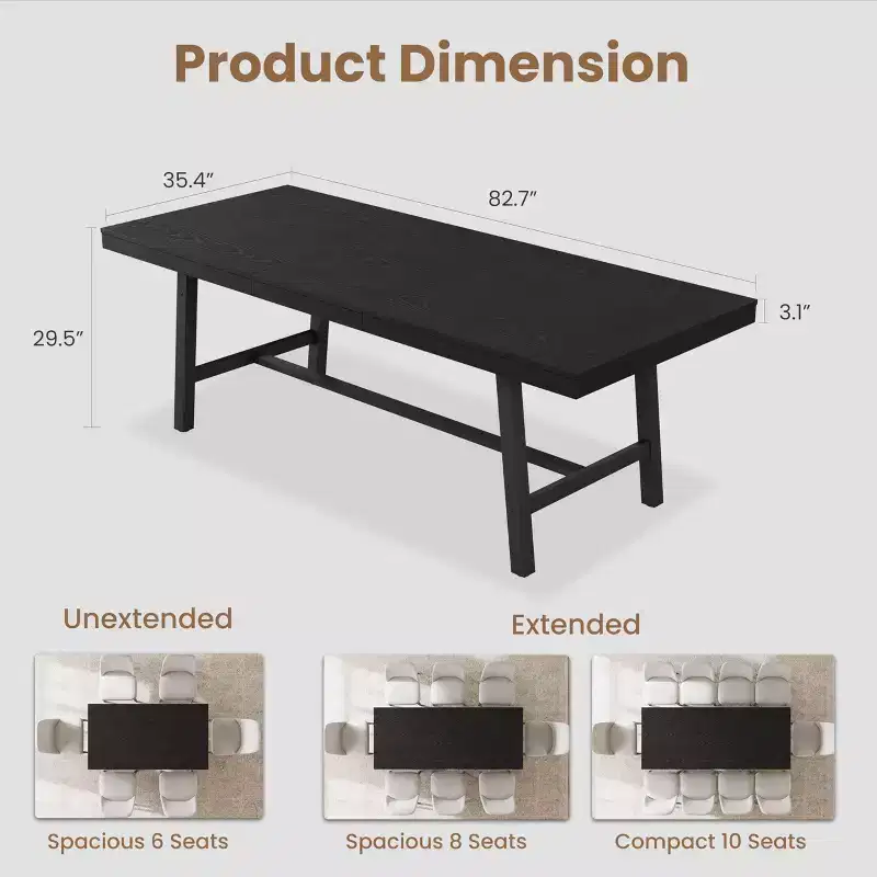 63-83 Extendable Dining Table, Industrial Rectangular Table for 6-8 People, Rustic Brown Expandable Kitchen Table with Heavy Duty Metal Frame