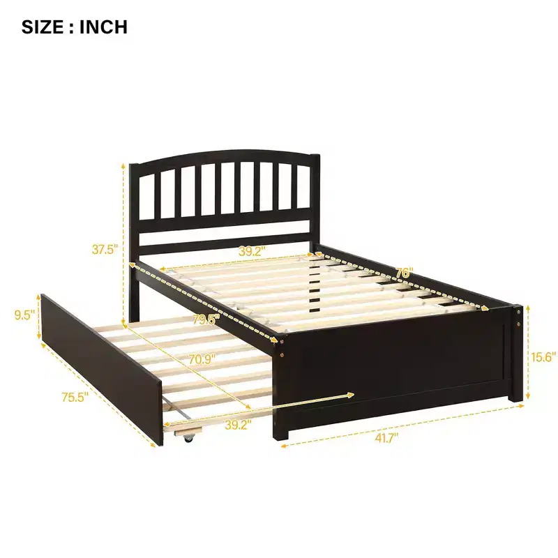 Twin Platform Bed Frame with Roll-Out Trundle – Solid Pine Wood, Espresso