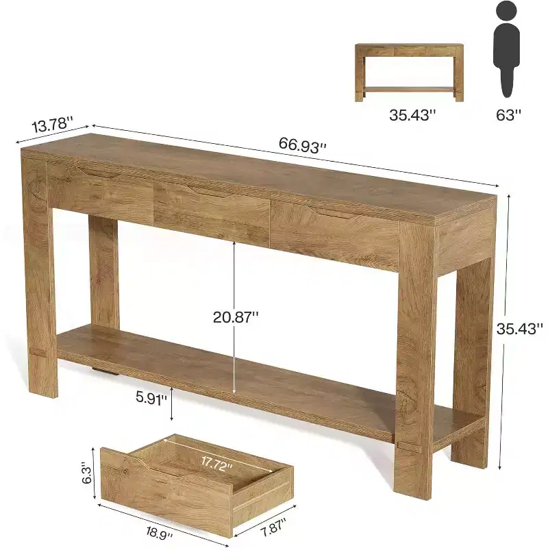 Lantine Long Console Table with 3 Drawers, 67-Inch Sofa Table Behind The Couch with Storage Shelf, Narrow Farmhouse Entryway Table for Foyer, Brown