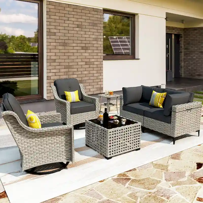 OVIOS 6 Pieces Outdoor Wicker Swivel Chair Set With Solar-Powered Coffee Table