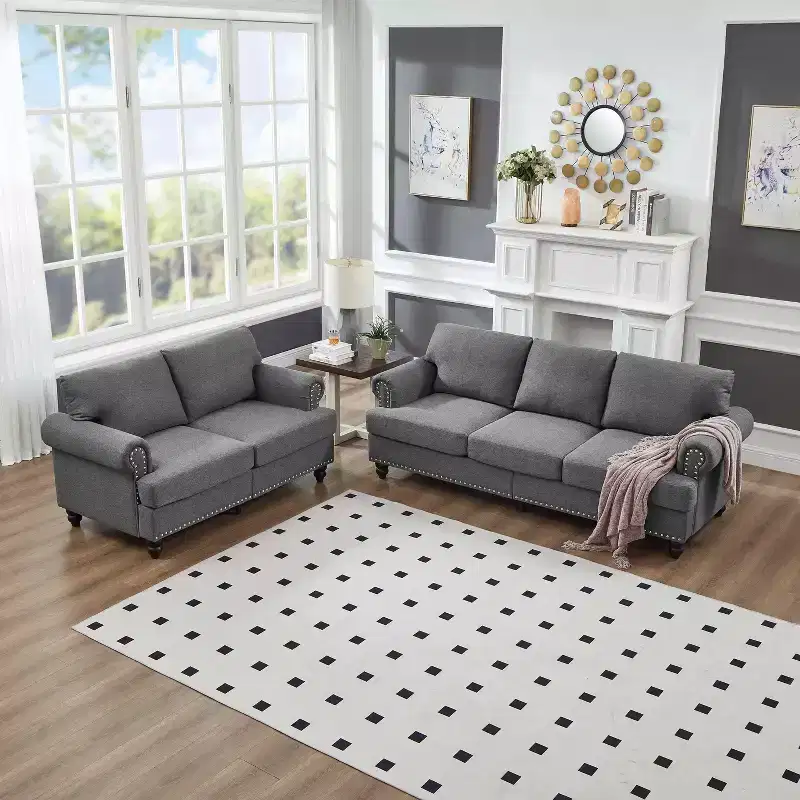 MAYEERTY Modern Sectional Sofa Classic Design with Nails Living Room 5 Seaters Upgolstered Polyester Gray