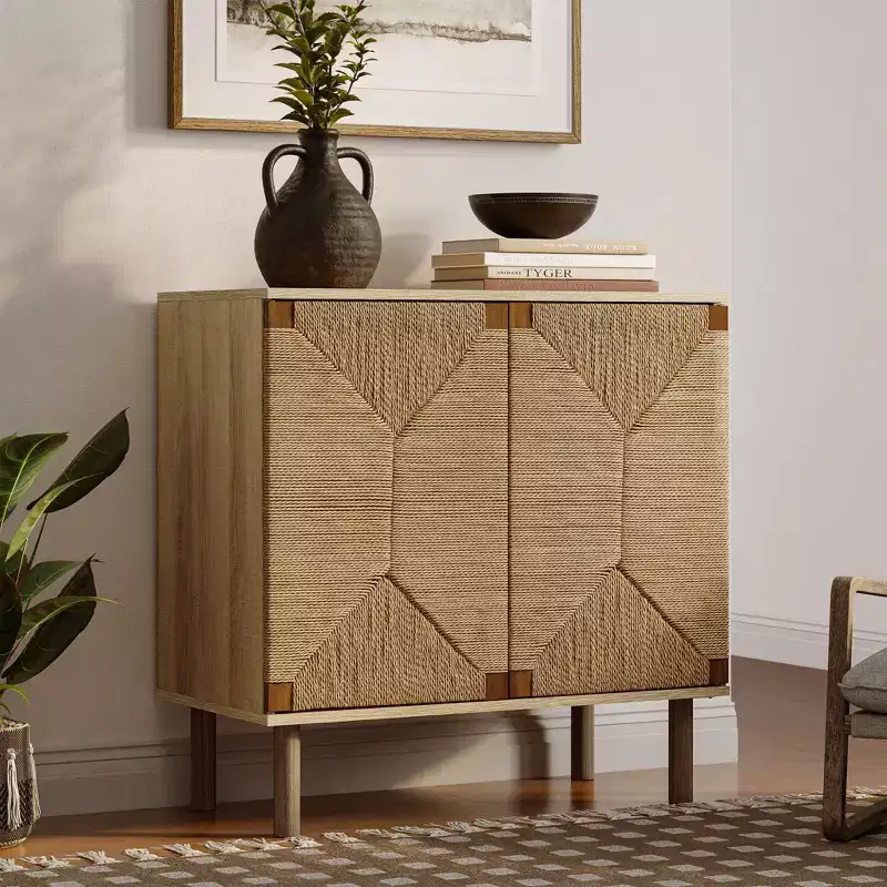 LuxenHome Mid-Century Modern Rope 2-Door Cabinet with Wood Legs Natural