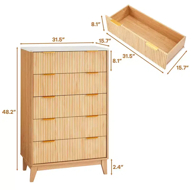 Natural Wood Fluted Dresser with Gold Handles, 5/6 Drawers, Bedroom Storage Chest