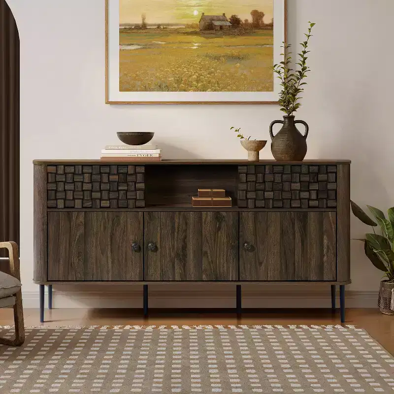 Dark Oak Manufactured Wood Sideboard Cabinet with Basket Weave, 3-Door and 2-Sliding Door