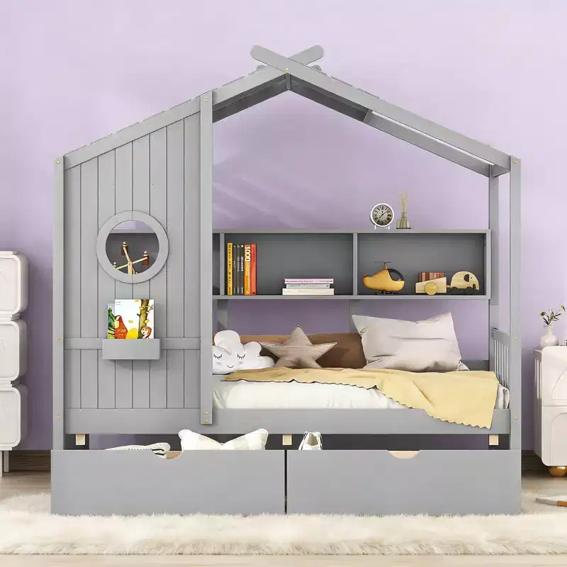 House Shape Bed Frame With 2 Drawers, Shelves, Window and Roof