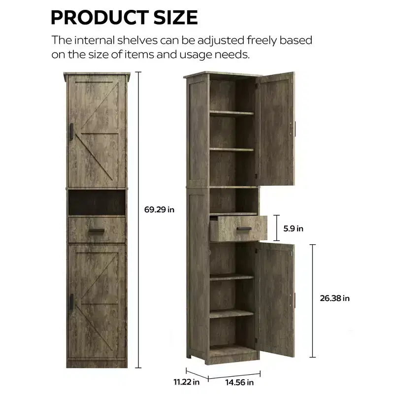 69 Bathroom Cabinet, Modern Floor Tall Cabinet with 1 Drawer, 2 Doors and Adjustable Shelves, Narrow Storage Cabinet for Home, Kitchen