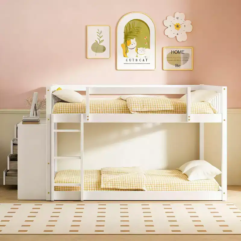 Modern Full over Full Bunk Bed with 4 Drawers and 3 Shelves