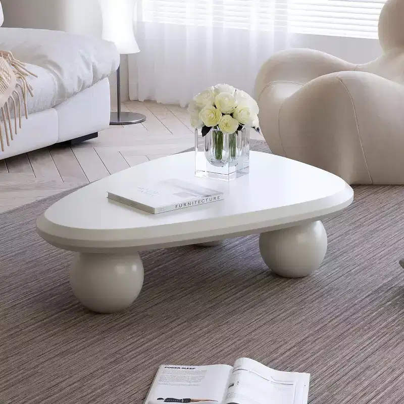 Modern Curved Triangular Coffee Table with 3 Ball Legs, Accent Center Table for Living Room or Small Spaces