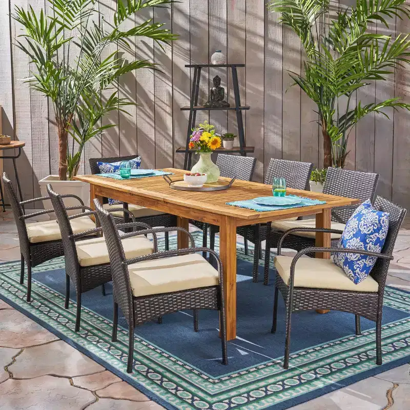 Christopher Knight Home Elmar Outdoor Wood and Wicker 9 Piece Expandable Dining Set