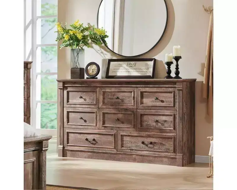 61 Farmhouse Dresser with 8 Drawers, Rustic Wood Closet Storage with Roman Column for Bedroom