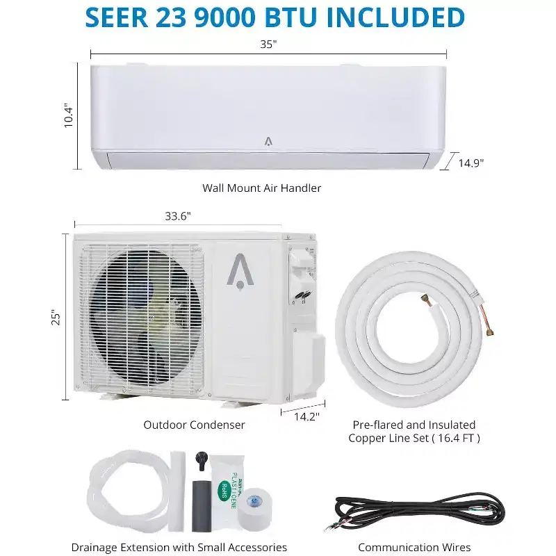 9,000 BTU Mini Split AC/Heating System, Split Air Conditioner & Heater, 23 SEER2 / 115V, Cools Rooms Up to 500 Sq. Ft., White