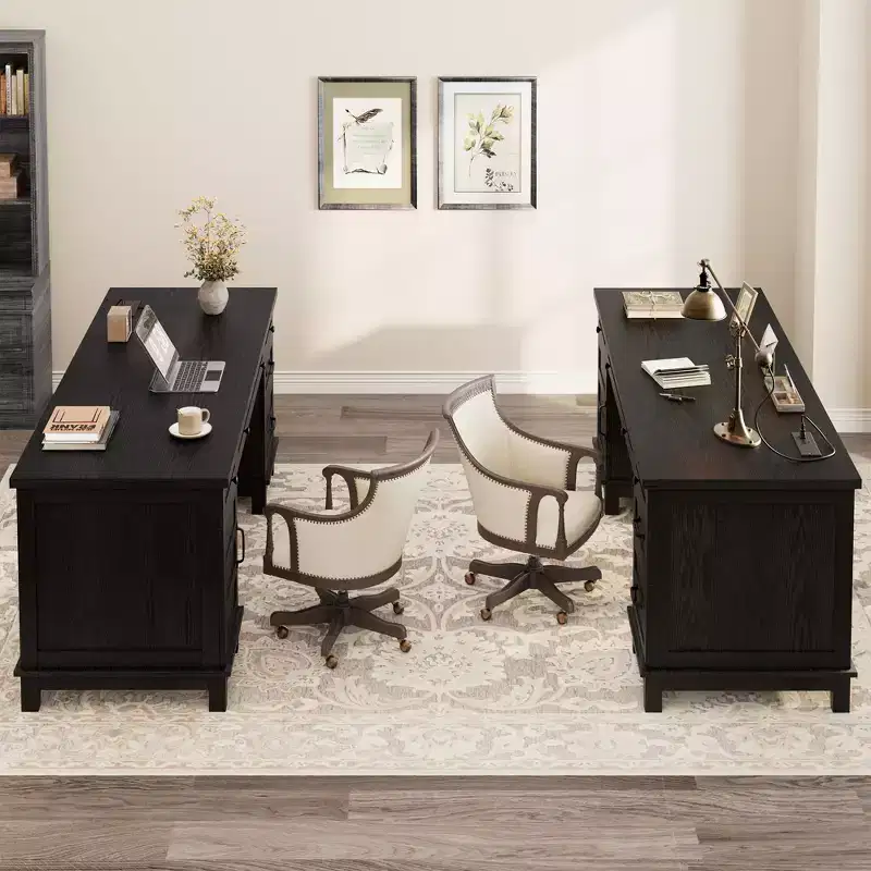 Garvee Executive Desk with Drawers, Wooden Farmhouse Home Office Desk with Charging Station, 60 Computer Writing Desk with File Cabinet Storage