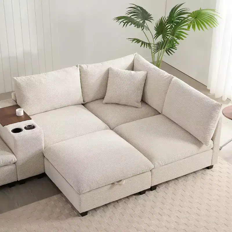 Modern Chenille 4-seat Sectional Sofa with Ottoman, L-Shaped Cloud Couch Set with Throw Pillows